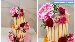 Caramel Drip Cake with Fresh Flowers Decoration | How to insert fresh flowers to a cake