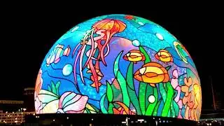 Sphere Las Vegas outdoor show: A stained glass look under the ocean's surface with a mystery light