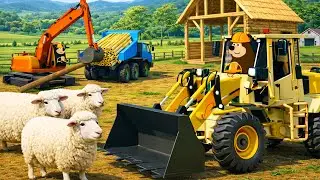 Goat Barn Construction 🏗️🐻🚜🐐 | Bear Operates Excavator, Loader and Truck | Realistic Farm Animation