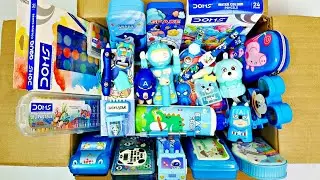 Unboxing blue stationery items - doms, writing board, mini highlighter, brush pens, jumbo pencil box