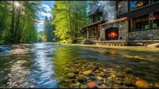 Relaxing song am music stress Beautiful nature, flowing water, houses near the lake.
