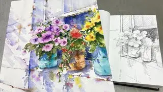 How to paint flower pot s on the window sill and to draw light and shadow. Turtorial, step by step.