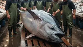A local expert cuts a 100 kilogram tuna with a super sharp local knife. 
