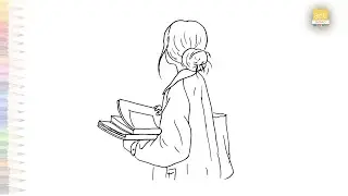Bookworm girl drawing | Outline drawings | How to draw A Girl with books step by step | #artjanag