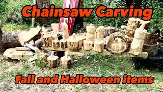 Chainsaw carving fall and Halloween items. Pumpkins, Jack o lanterns, pumpkin men