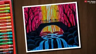 Spring Season scenery drawing with Oil Pastels - step by step