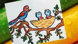 Bird nest drawing Easy. How to draw birds on a tree. Step by step drawing tutorial