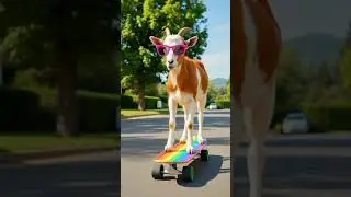 Goat in meme glasses skates on rainbow skateboard. and loin also #goatface