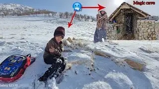 Cave boy gets stuck in snow: Operator takes him to a safe cave and warms him up😲🥶