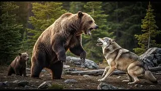 wild encounter mother grizzly bear confronts gray wolf to protect her cub wildlife - WILD ANIMALS