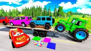 Double Flatbed Trailer Truck vs Speedbumps Train vs Cars | Tractor vs Train Beamng.Drive #000
