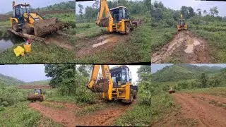 jcb 3dx super crossing a weak bridge and traveling on a slippery earthen road