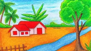 Простой рисунок деревенского пейзажа | Красивый рисунок природы