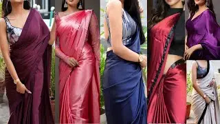 plain satin saree with designer blouse ideas, Satin plain saree with blouse design