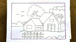 A beautiful Village scenery drawing step by step || Grammar prakritik drishyo drawing ||  Scenery
