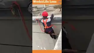 Technician uses abseiling for fa&ccedil;ade maintenance on high-rise buildings without scaffolding.