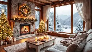 Cozy Winter Cabin Ambience & Christmas Instrumental Music 🎁 Crackling Fireplace for Calm, Relax