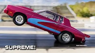 SHOW AND GO CUTLASS SUPREME GOES SKY HIGH! THROTTLE BURPING 375 FOOT WHEELIE! BYRON DRAGWAY!