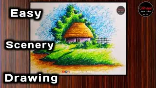 How to draw easy scenery with oil pastel // Easy village scenery drawing for beginners