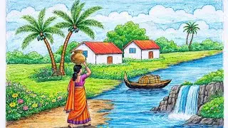 Beautiful winter morning village scenery drawing |Beautiful winter morning village scenery drawing 