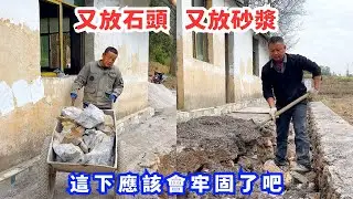 還好請了師傅，不然靠自己搬運石頭猴年馬月才能完成，又重又大，真是辛苦了師傅們，又放石頭又放砂漿，這下應該會牢固了吧