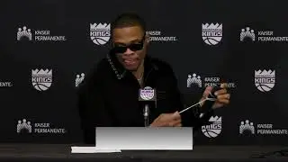 Russell Westbrook super hyped at the postgame conference, after the win against the Rockets