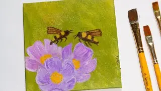 Flower and Bumblebees Painting on MINI CANVAS || Aesthetic easy painting