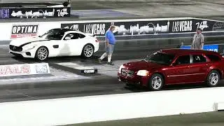 White Mercedes Benz AMG GT S Vs. Red Dodge Magnum Drag Race - Las Vegas 6-2-2023 - 4K UHD