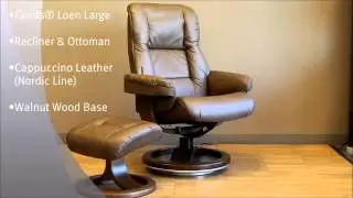 Fjords Loen Recliner Chair and Ottoman Nordic Cappuccino Leather Walnut Wood Base by Hjellegjerde