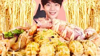 RUS SUB)Разворачивание Крымская паста Еда Mukbang🦑Seafood Cream Pasta Korean ASMR 후니 Hoony Eating
