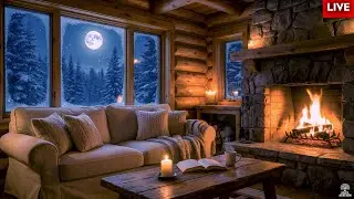 Cozy Winter Cabin Fireplace | Peaceful Music, Crackling Fire & Moonlit Snow