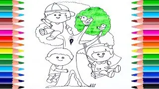 Children Playing On A Tree Coloring Book.coloring pages. Learn drawing and coloring art for kids