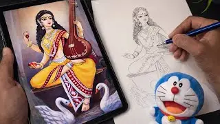 How to Draw Saraswati Mata✨| Beautiful Outline Drawing | Easy-Step by Step Tutorial@SouravjoshiArts