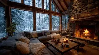 Cozy Cabin Fireplace Fire with Cold Snowstorm Outside, Perfect Ambience for Sleep