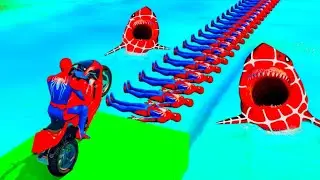 Superheroes Motorcycle Ride on Spider-Man Fish Bridge 🏍️🕷️🐟