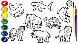 Как рисовать животных для детей 🐋🐯🦈🐘🐬🦏🐢🦁 | Простое пошаговое руководство по рисованию