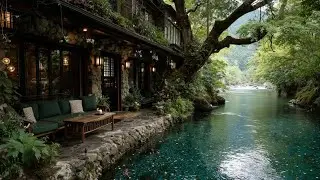 Relaxing Riverside Lodge ASMR 🏞️ Gentle River Flow, Spring Birdsong & Crackling Fire Sounds.