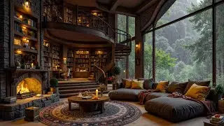 Study & Focus Music 🌧️ Rain Jazz Background w/ Smooth Piano, Fireplace Sounds at Cozy Cabin Ambience