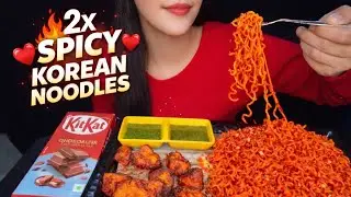 Eating 2X Korean Fire Noodles 🔥 + Spicy Chicken Fry 🍗 | Mukbang | Red food | spicy eating challange 