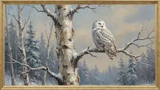 Snowy Owl Birch in Winter Forest | Framed Art TV Wallpaper 4K | Oil Painting | 2 Hours
