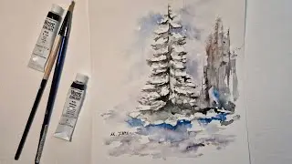  How to Paint a Simple Snowy Pine Tree Using the White of the Paper ❄️🌲
