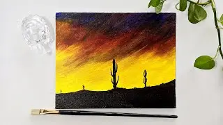 Acrylic Abstract Desert Sunset Painting with Cactus on Canvas | Acrylic painting for beginners