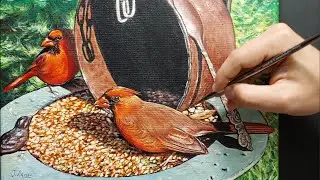How to paint 2 Beautiful Cardinal Birds in Acrylic / Easy / Tutorial / Episode #5