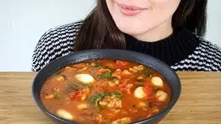 ASMR Eating Sounds: Gnocchi & Sausage Soup ~ Vegan (No Talking)
