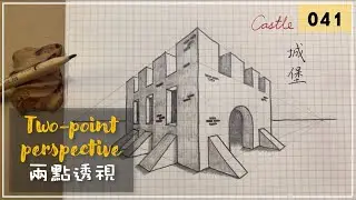 Learn to draw a castle by two-point perspective | drawing process