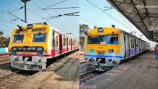 Purple & Pink colored different model shiny EMU local trains of South Eastern Railway