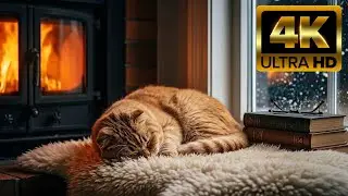 🔥Cat Sleeping beside Fireplace 4K 60FPS (4 HOURS). Cracklin Sounds. Cat and Crackling Fireplace 4K