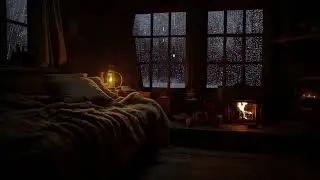 A Corner in Cozy Bedroom with Rain on window and Cozy Fireplace helps to Fall Asleep & Relax
