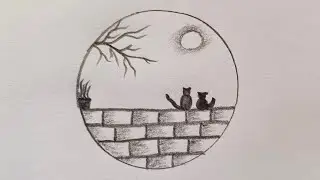 Cat 🐱 Moonlight /  Beautiful Easy Circle Scenery Drawing