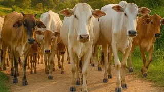 Aksi Puluhan Sapi Menuruni bukit hijau, Suara sapi Moo, Kawanan Sapi lucu berjalan menuju ladang